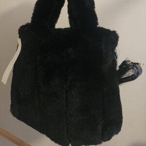 FURRY FINE! AQUA Fur Faux Crossbody BLACK Handbag NWT